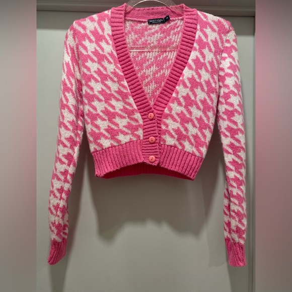 NastyGal Got Knit Right Barbiecore Pink & White Houndstooth Cropped Cardigan - S - Picture 8 of 17